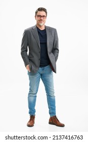 Middle age businessman in business casual. Entrepreneur in jeans and jacket. Mid adult, mature age man, happy smiling. Full length portrait isolated on white. - Shutterstock ID 2137416763