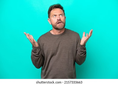 Middle Age Caucasian Man Isolated On Blue Background Stressed Overwhelmed