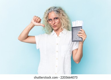 Middle Age Caucasian Woman Holding A Passport Isolated On White Background Feels Proud And Self Confident, Example To Follow.