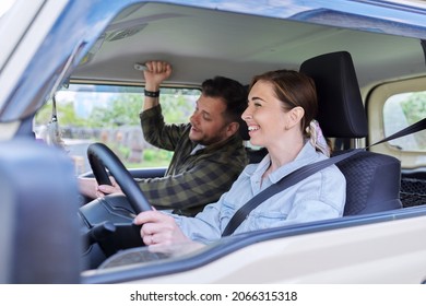 Middle Age Couple Riding In Car, Woman Driver Man In Passenger Seat