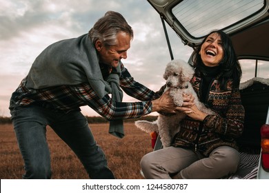 Middle Age Couple With Their Dog At Picnic