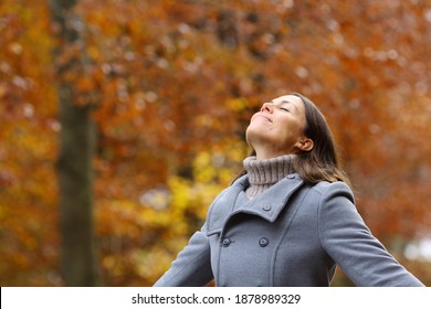 Middle age female wearing grey jacket breathing fresh air standing in a forest in fall season