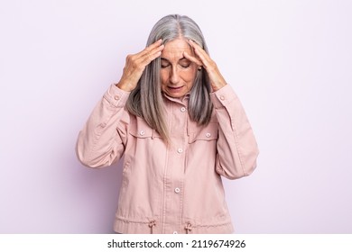 Middle Age Gray Hair Woman Looking Stressed And Frustrated, Working Under Pressure With A Headache And Troubled With Problems