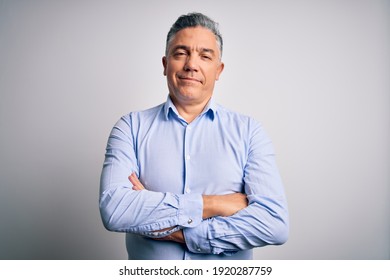 Middle Age Handsome Grey-haired Business Man Wearing Elegant Shirt Over White Background Happy Face Smiling With Crossed Arms Looking At The Camera. Positive Person.