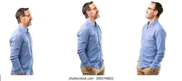 Middle Age Handsome Man Side View Portrait Over White Background