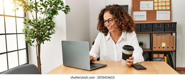 Middle Age Hispanic Woman Smiling Confident Working At Office