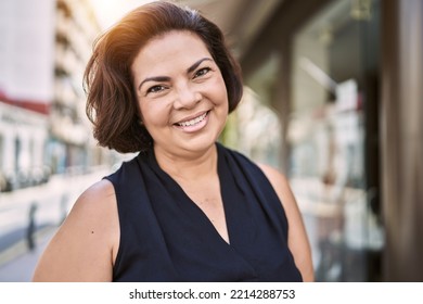 Middle Age Hispanic Woman Smiling Happy And Confident Outdoors On A Sunny Day