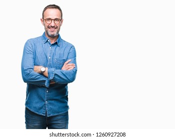 Middle Age Hoary Senior Man Wearing Glasses Over Isolated Background Happy Face Smiling With Crossed Arms Looking At The Camera. Positive Person.