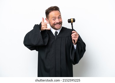 Middle Age Judge Man Isolated On White Background Making Phone Gesture. Call Me Back Sign