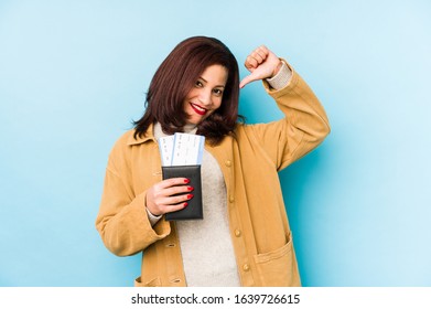 Middle Age Latin Woman Holding A Passport Isolated Feels Proud And Self Confident, Example To Follow.