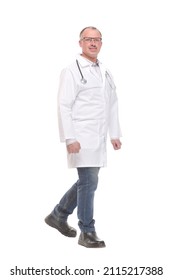 Middle Age Male Doctor Walking Away And Look At Camera Isolated On White