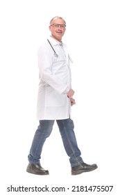 Middle Age Male Doctor Walking Away And Look At Camera Isolated On White