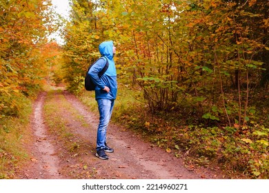 A Middle Age Male Hiker With A Hoodie And Backpack.Man Standing Along The Autumn Forest Path Way.A Healthy Lifestyle In Nature.