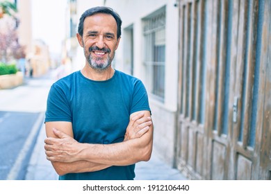 Middle Age Man With Beard Smiling Happy Outdoors