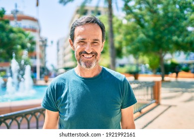 Middle Age Man With Beard Smiling Happy Outdoors