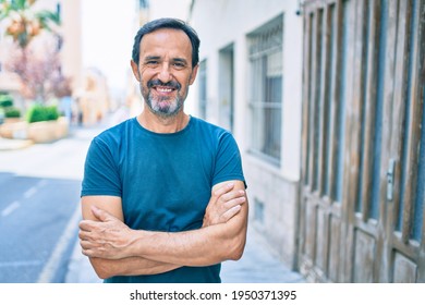 Middle Age Man With Beard Smiling Happy Outdoors