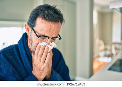 Middle Age Man Feeling Sick With Cold And Fever At Home, Ill With Flu Disease