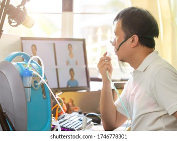 Middle Age man has respiratory problem from covid-19 so wear Inhaler Oxygen mask concentrator device all time for treatment. Elderly Senior Boss meeting on Internet, speak on Microphone condenser