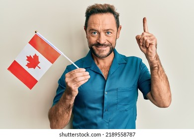 Middle Age Man Holding Canada Flag Smiling With An Idea Or Question Pointing Finger With Happy Face, Number One 