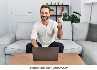 Middle Age Man Using Laptop At Home With A Big Smile On Face, Pointing With Hand Finger To The Side Looking At The Camera. 