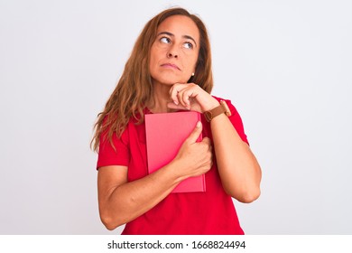 Middle Age Mature Woman Reading A Book Over Isolated Background Serious Face Thinking About Question, Very Confused Idea