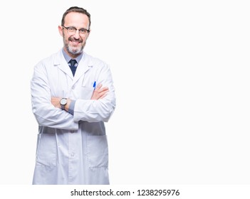 Middle age senior hoary professional man wearing white coat over isolated background happy face smiling with crossed arms looking at the camera. Positive person.