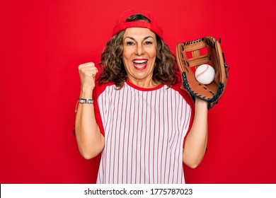 Middle Age Senior Woman Wearing Baseball Equiment, Ball And Glove Over Red Isolated Background Screaming Proud And Celebrating Victory And Success Very Excited, Cheering Emotion