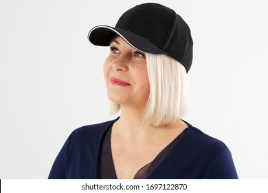 Middle age woman in blank black hat blazer isolated close up, beautiful and fashion middle-aged woman portrait, female with black cap isolated on a light 