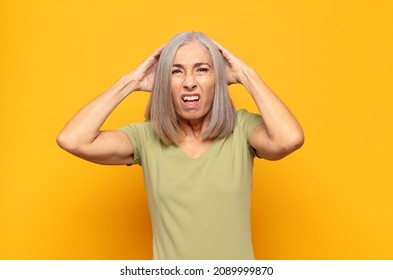 Middle Age Woman Feeling Frustrated And Annoyed, Sick And Tired Of Failure, Fed-up With Dull, Boring Tasks