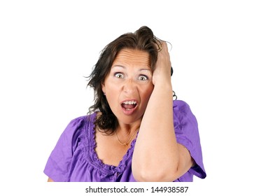 Middle age woman making funny face: stress, despair, shock or bad surprise.