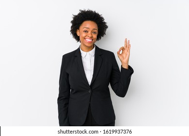 Middle Aged African American Business  Woman Against A White Background Isolated Cheerful And Confident Showing Ok Gesture.