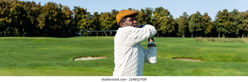 Middle Aged African American Man In Flat Cap Playing Golf, Banner