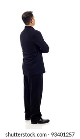 Middle Aged Asian Business Man From The Back - Looking At Something Over A White Background