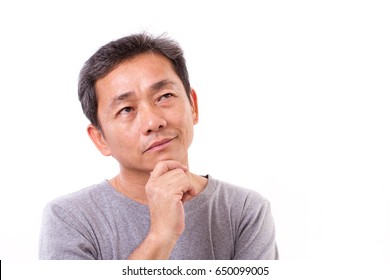 Middle Aged Asian Man Thinking, Studio Isolated Portrait