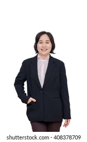 Middle Aged Asian Woman Smiles Over White Background