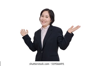 Middle Aged Asian Woman Smiles Over White Background