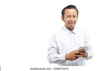 Middle Aged Asians On Phone. Asian Happy With Phone