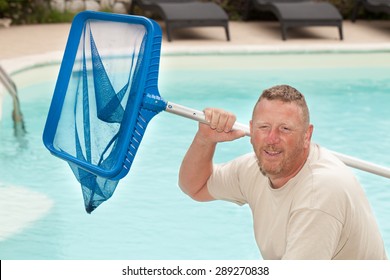 Middle Aged Caucasian Man, Professional Swimming Pool Cleaner.