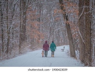 Middle Aged Couple Walking On Trail With Their Dog On Snowy Day In Midwestern Park; Winter In Missouri