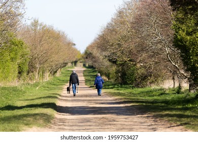 A Middle Aged Couple Walking Their Dog On A Bright And Sunny Spring Day. Exercise, Healthy Living, Life Style Concept