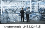 Middle Aged Engineer and Female Scientist Standing with Their Back, Using Laptop Computer and Talking in a Factory Facility with Equipment Producing Modern Technical Devices for Different Industries