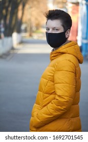 Middle Aged European Woman In Protective Black Mask, Woman Wearing Mask During Coronavirus COVID-19 Epidemic. Sick Woman Wearing Protection During Pandemic.