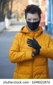 Middle Aged European Woman In Protective Black Mask, Woman Wearing Mask During Coronavirus COVID-19 Epidemic. Sick Woman Wearing Protection During Pandemic.