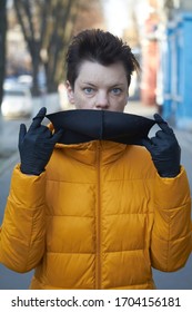 Middle Aged European Woman In Protective Black Mask, Woman Wearing Mask During Coronavirus COVID-19 Epidemic. Sick Woman Wearing Protection During Pandemic.