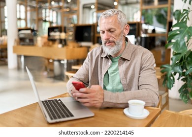 Middle Aged Gray-haired Older Adult Business Man, Mature Bearded Male Professional Businessman Holding Smartphone Using Cell Phone Working, Texting Messages, Scrolling Mobile Sitting At Cafe Table.