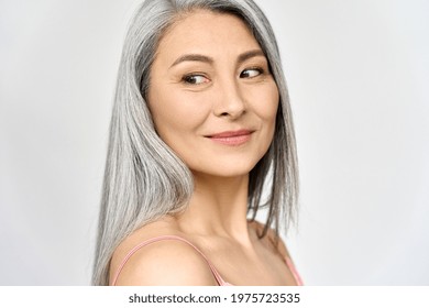 Middle Aged Happy Mature Asian Woman, Senior 50 Year Lady Looking Away, Isolated On White Closeup Headshot. Ads Of Antiaging Uv Protection Whitening Menopause Dry Skincare, Plastic Surgery.