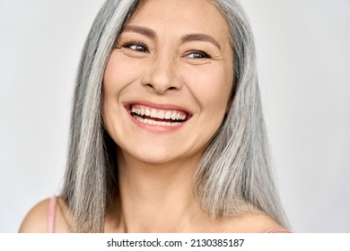 Middle Aged Happy Mature Asian Woman, Senior 50 Year Lady Looking Away, Isolated On White Closeup Headshot. Ads Of Antiaging Uv Protection Whitening Menopause Dry Skincare, Plastic Surgery.