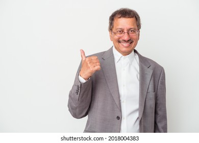 Middle aged indian business man isolated on white background smiling and raising thumb up