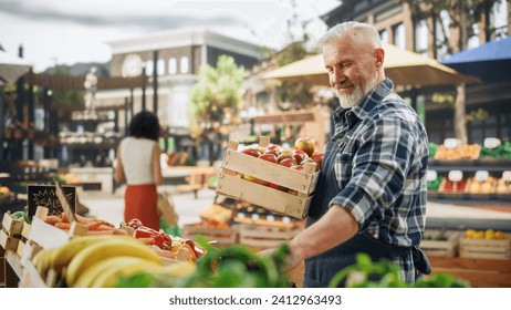 Middle Aged Male Farmer Managing a Small Business on an Outdoors Farmers Market, Selling Sustainable Organic Fruits and Ecological Vegetables. Senior Man Laying Out Ripe Apples on a Food Stall