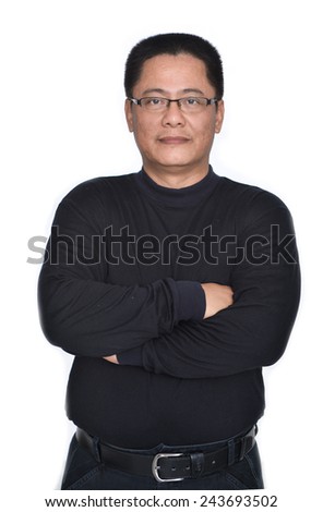 Middle Aged Man in black dress with sunglasses posing